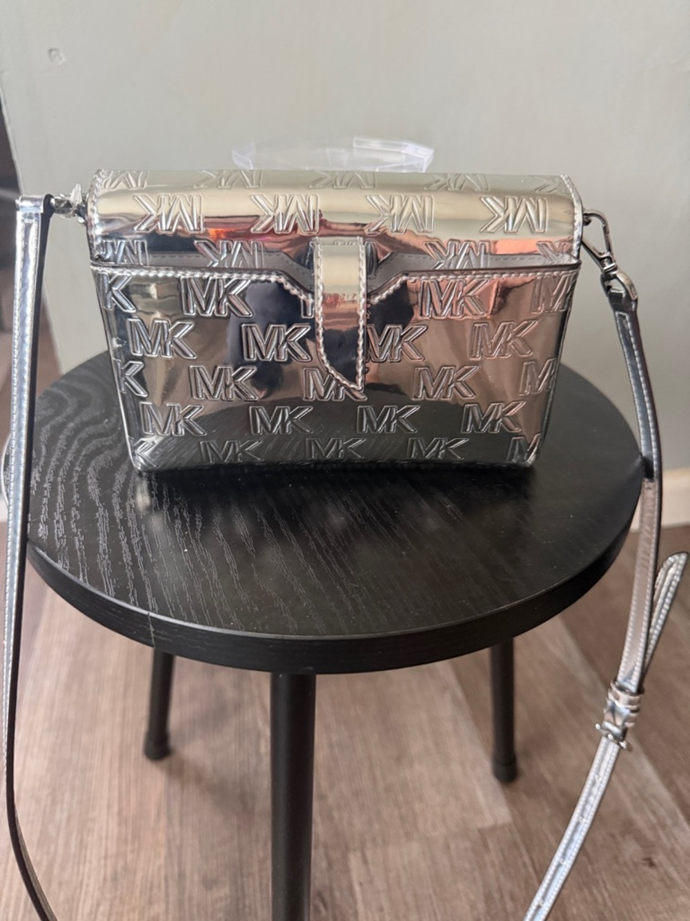 Michael Kors Silver Embossed MK Logo Crossbody - Picture 3 of 3